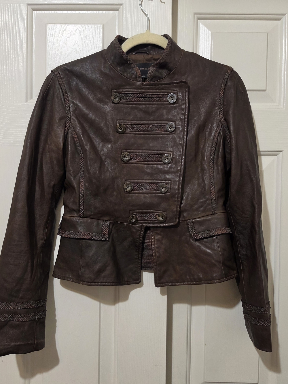 BCBG MaxAzria Brown Leather Military Style Jacket w/ Plaid Trim Size S Academia